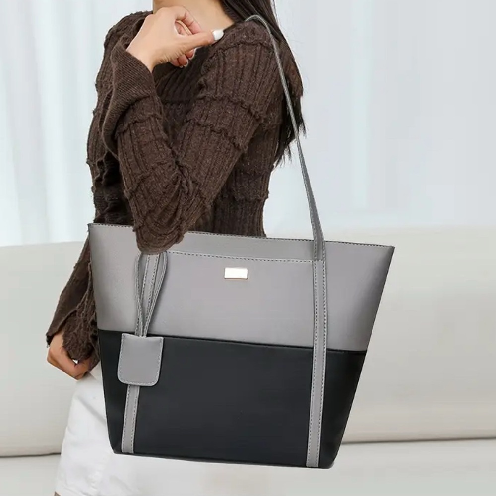 Two-Tone Gray & Black Structured Tote Bag with Pocket NIP - Picture 2 of 14
